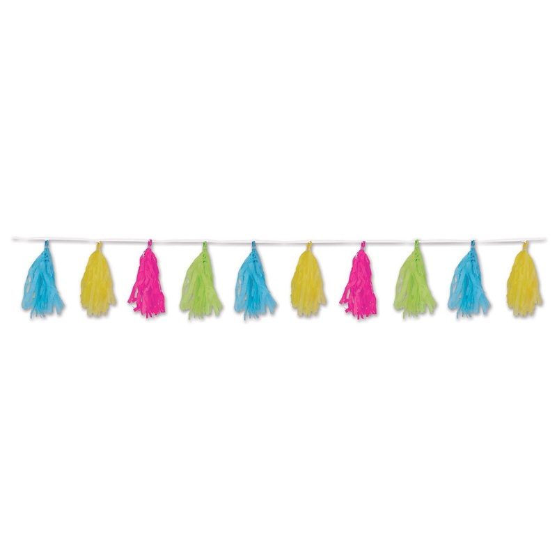 12 Pack Beistle Luau Party Tissue Tassel Garland - cerise - lime green - turquoise - yellow