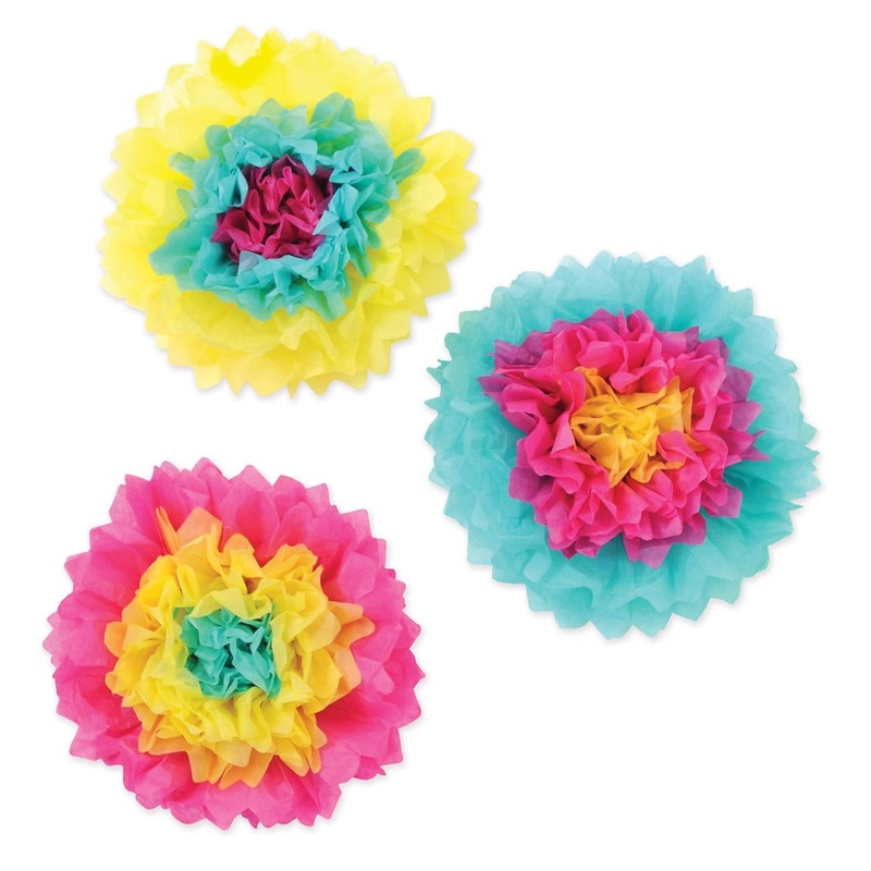 36 Piece Beistle Luau Party Tissue Flowers cerise - turquoise - yellow