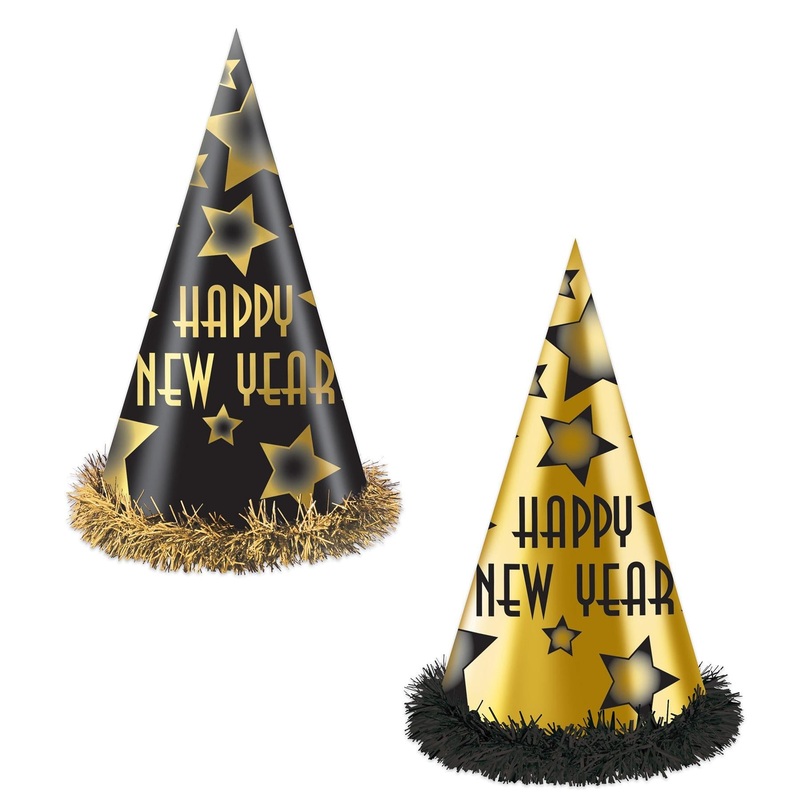 25 Pack Beistle Happy New Year Party Hats Black and Gold
