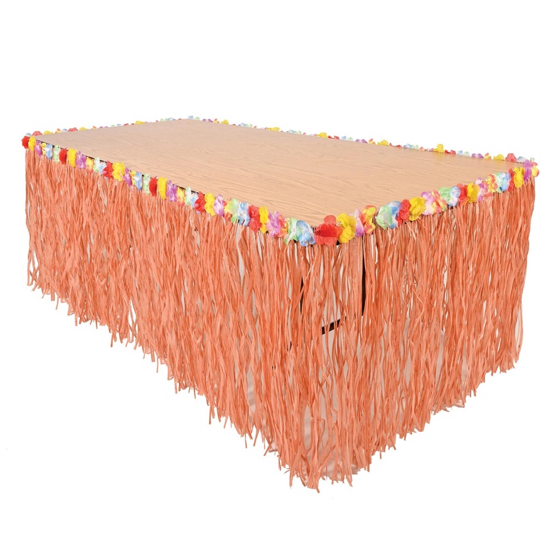 6 Pack Beistle Luau Party Artificial Grass Table Skirting - natural - with floral trim