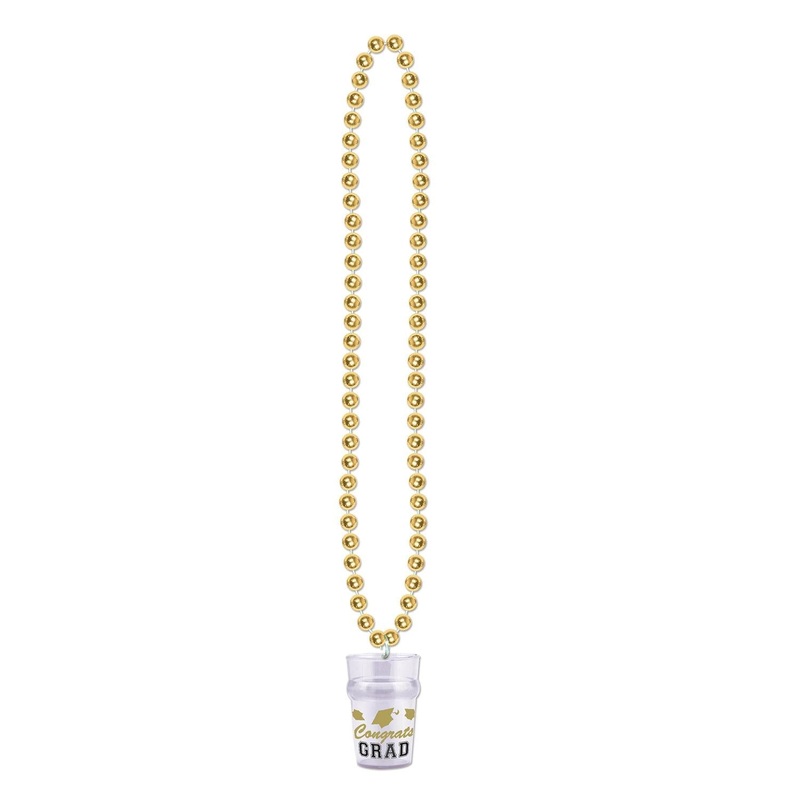 12 Pack Beistle Bead Necklace with Grad Graduation Party Glass - gold