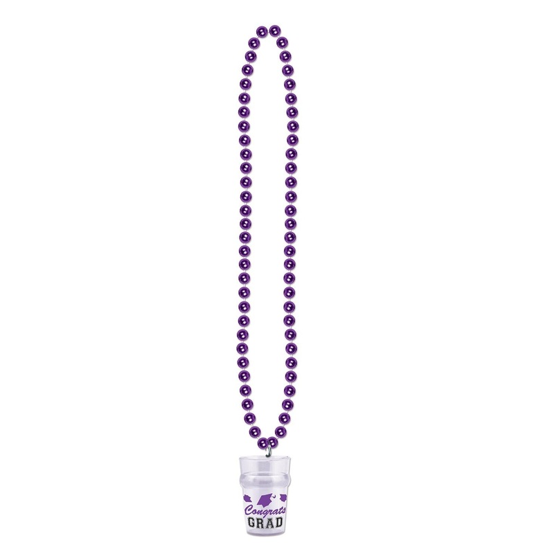 12 Pack Beistle Bead Necklace with Grad Graduation Party Glass - purple