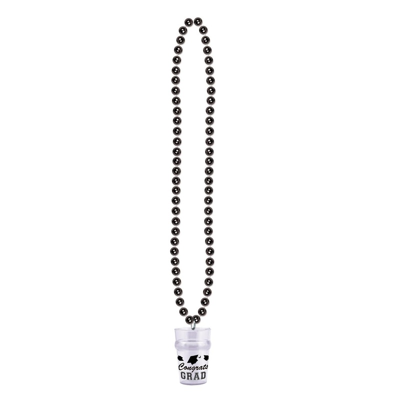 12 Pack Beistle Graduation Party Bead Necklaces with Grad Glass - black