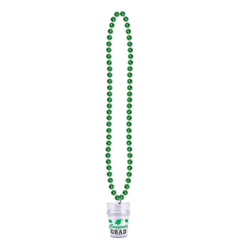 12 Pack Beistle Graduation Party Bead Necklaces with Grad Glass - green
