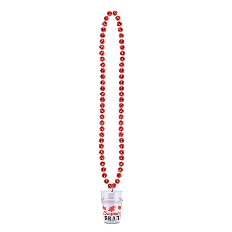 12 Pack Beistle Graduation Party Bead Necklaces with Grad Glass - red