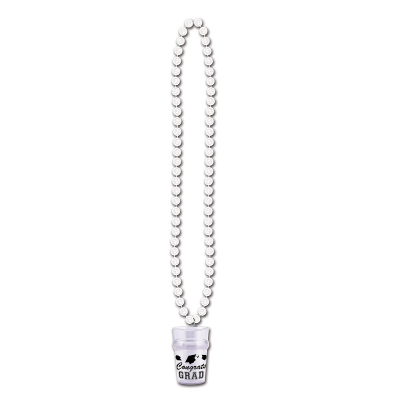 12 Pack Beistle Graduation Party Bead Necklaces with Grad Glass - White