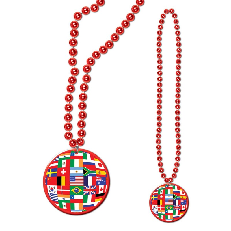 12 Pack Beistle Party Bead Necklaces with International Flag Medallion
