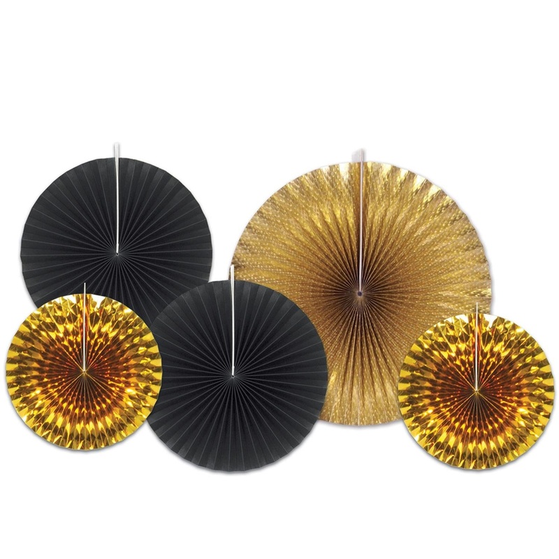 60 Piece Beistle New Year's Eve Paper/Foil Decorative Fans - Asst black/gold